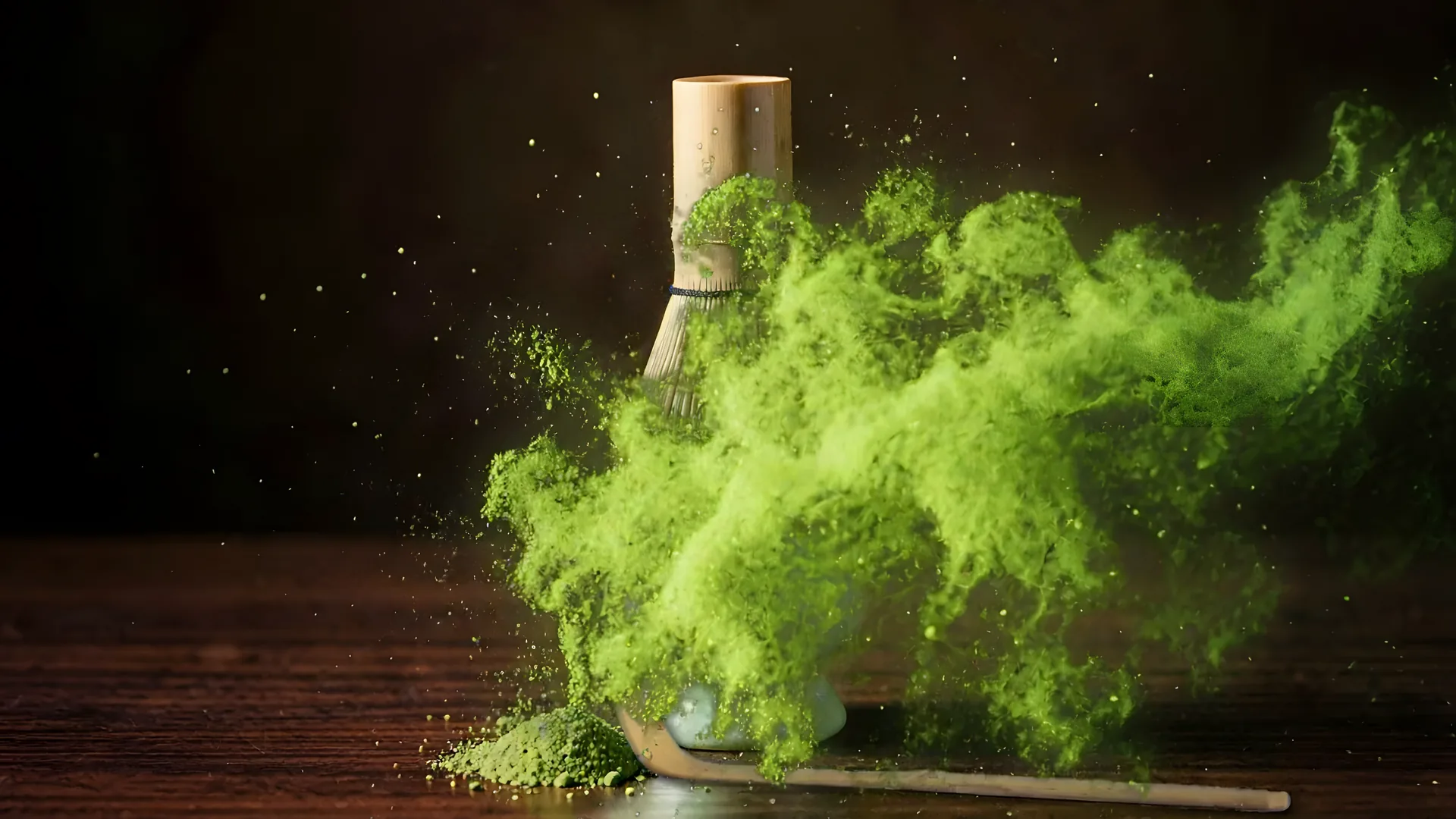Matcha powder drifting through the air, the camera gliding through the green cloud to the set