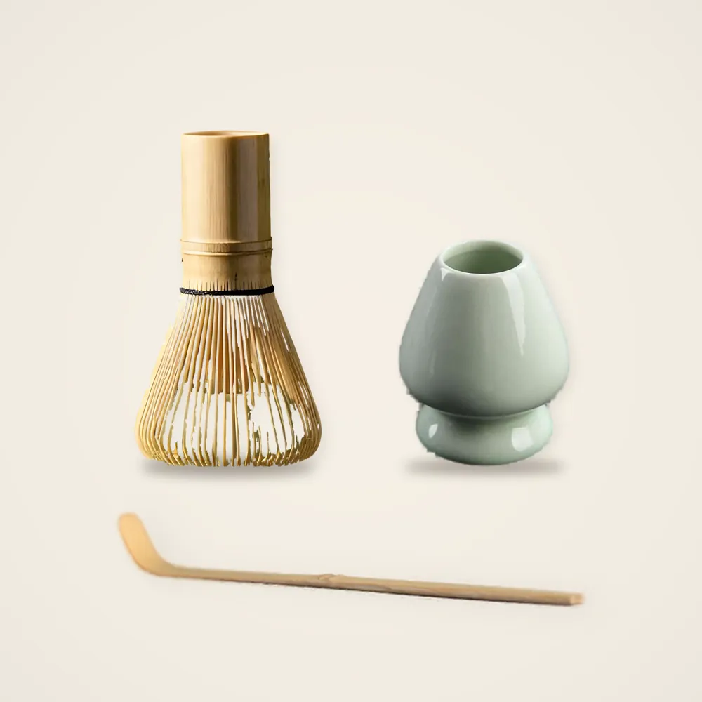 Exactly what is in one set: the bamboo whisk, the bamboo scoop and the celadon whisk holder